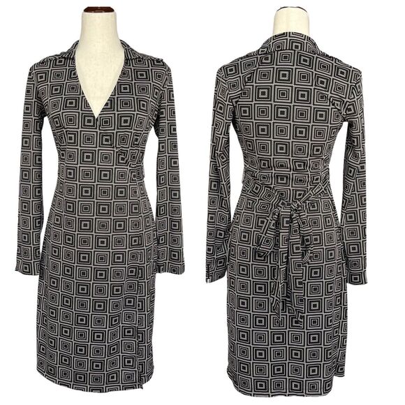 Express Wrap Dress Women Size 3/4 Black Geometric Surplice V-Neck Collared - Picture 1 of 12